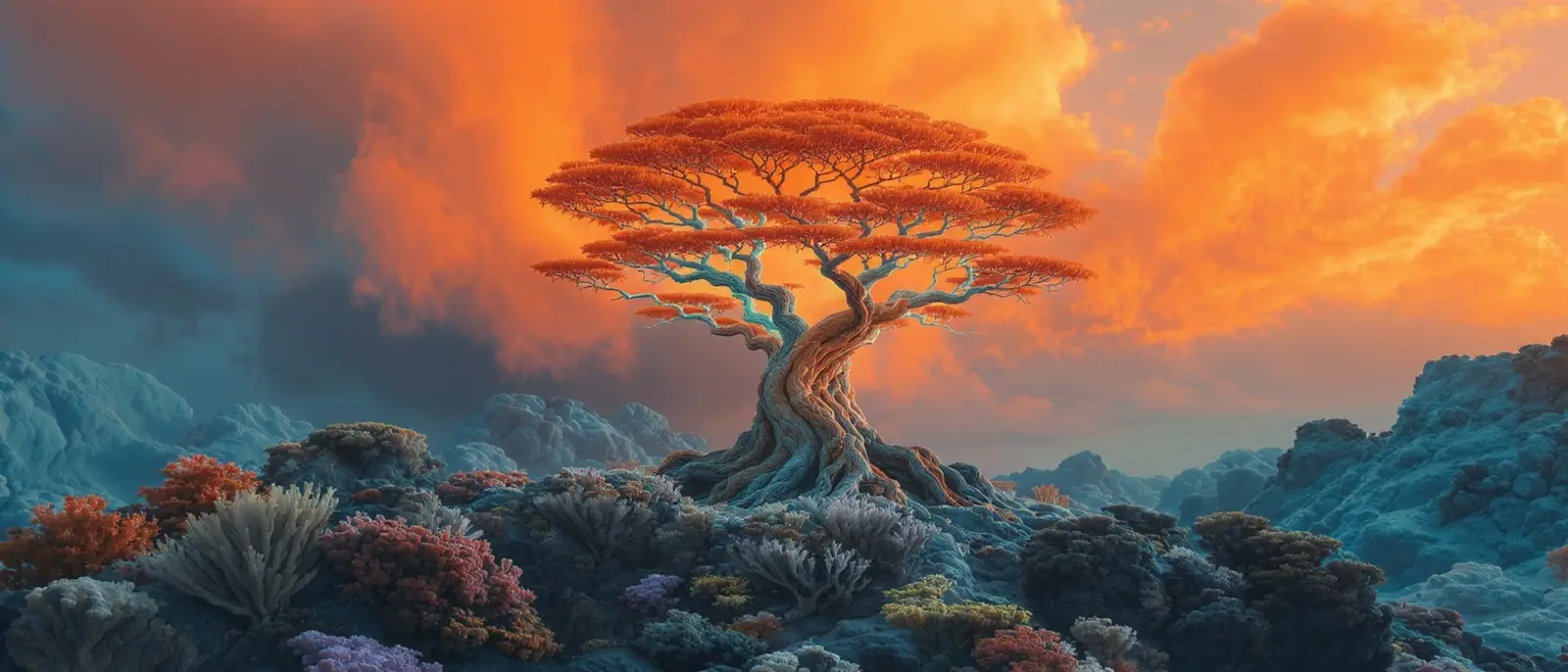 Ein lebendiger, verdrehter Baum mit feurig orangefarbenen Blättern steht allein auf einem felsigen Gelände, umgeben von buntem Laub, unter einem dramatischen Himmel mit leuchtenden orangefarbenen Wolken bei Sonnenuntergang.