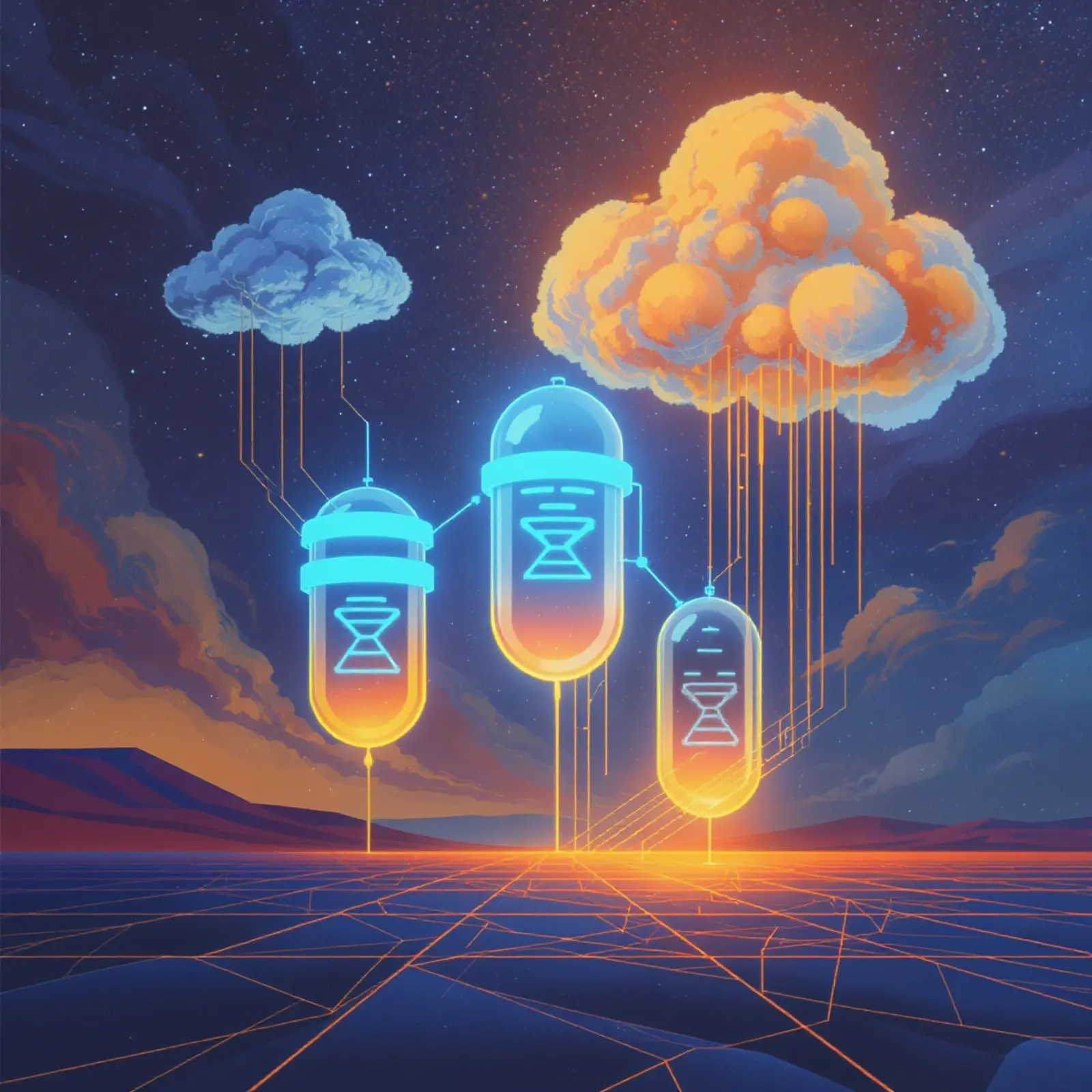 Drei orange/blau leuchtende Datenkapseln; Boden-Kern, schwebendes externes Medium, Cloud-ReplikAura